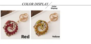 Détails des porte-clés dragon en cristal rouge et jaune avec fermoir mousqueton doré