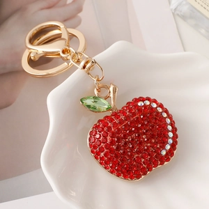 Luxury Rhinestone Apple Keychain Metal Alloy Fruit Bag Charm Pendant Gold Red Sparkling Key Ring Accessories For Women Gift