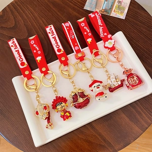 Chinese Style Lucky Charm Keychain Gold Alloy Rhinestone Pixiu Fortune Bag Pendant Red Keychain For Women Men New Year Gift