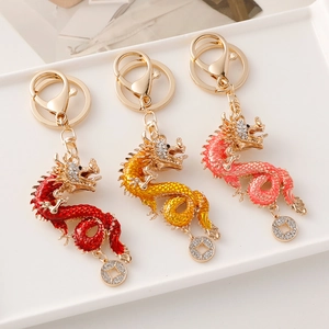 Chinese Style Zodiac Dragon Alloy Keychain Rhinestone Inlaid Enamel Dragon Bag Pendant With Copper Coin For Gift