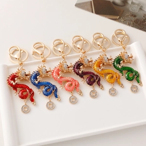 Chinese dragon zodiac keychains in six vibrant colors with rhinestones and gold alloy
