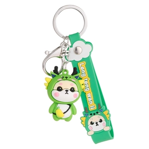 Creative Chinese zodiac dragon keychain with green PVC doll and silicone wrist strap