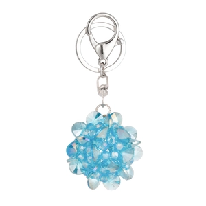 Porte-clés boule de cristal bleu ciel avec perles facettées et fermoir mousqueton argenté