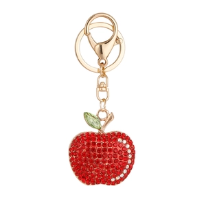 Sparkling red rhinestone apple keychain with gold alloy lobster clasp and leaf detail