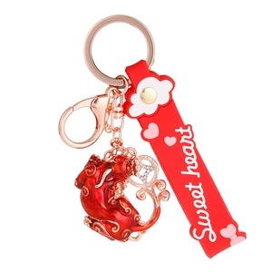 Creative red Pixiu keychain with rose gold ring and Sweet heart wrist strap