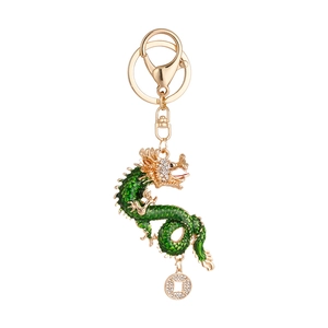 Chinese dragon keychain featuring green enamel and white rhinestones on golden alloy