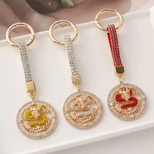Zodiac Chinese Dragon Keychain Rhinestone Encrusted Alloy Metal Key Ring For Women Men Car Bag Charm Lucky Gift Accessory