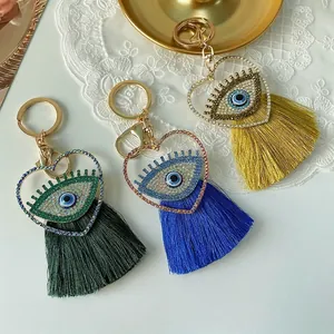 Porte-clés à Gland Mauvais Œil en Forme de Cœur de Mode Pendentif de Sac en Alliage de Strass Anneau Métallique Créatif Cadeau Femme