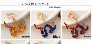 Detailed color display of dragon keychains in yellow, blue and purple enamel finishes