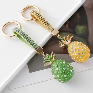 Sparkling rhinestone 3D pineapple keychain with glitter strap in yellow and green
