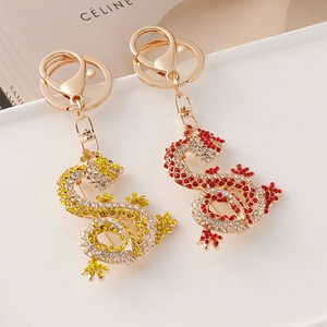 Portachiavi con Dragone Intarsiato in Strass Lega Placcata Oro Pendente Animale dello Zodiaco per Chiavi Auto Ciondolo Borsa Gioiello