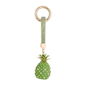 Sparkling rhinestone pineapple keychain with green crystals and gold ring for women's bags