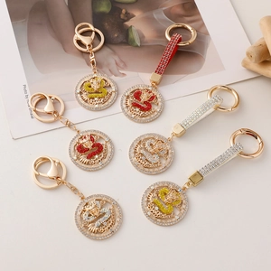 Creative Chinese zodiac dragon alloy keychains with colorful rhinestones set of six