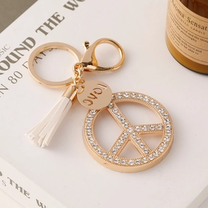 Fashion Peace Sign Rhinestone Keychain Alloy Inlaid Crystal Bag Pendant With Tassel And Love Tag Gold Silver Key Accessories