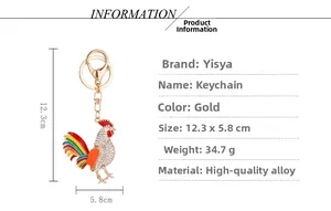 Detailed view of rhinestone rooster keychain with dimensions 12.3 x 5.8cm on white background