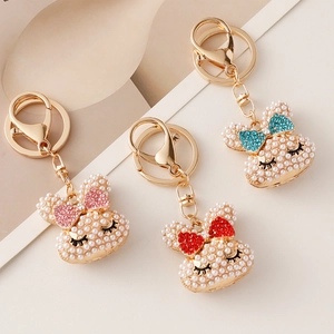 Cute Rabbit Head Keychain With Faux Artificial Pearl And Rhinestone Bowknot Gold Alloy Bag Charm For Women Gift Accessory