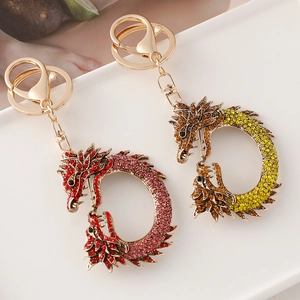 Porte-clés Dragon de Style Chinois Ethnique en Alliage Incrusté de Strass Pendentif de Sac Anneau de Voiture Accessoire Traditionnel Cadeau