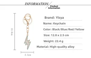 Detail view of lightning bolt keychain with dimensions 12.8x2.5cm and material specs