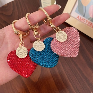 Sparkling rhinestone heart keychain in red, blue and pink with gold swivel clasp hooks