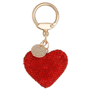 Sparkling red rhinestone heart keychain with gold hardware and engraved round tag charm