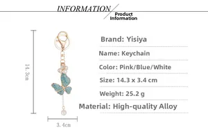 Detail showing dimensions of 14.3cm length for the blue butterfly keychain with pearls
