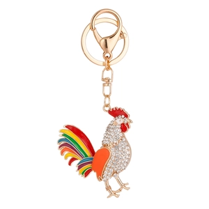 Colorful rooster keychain with rhinestones and multi-color enamel on gold alloy