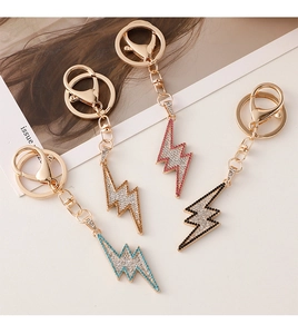 Detail of hip hop lightning keychains with crystal rhinestones in four assorted colors