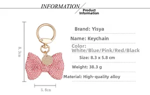 Detailed specs of a crystal bow keychain featuring dimensions and high-quality alloy material