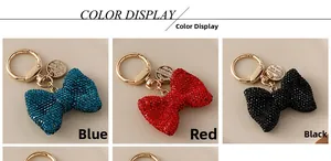 Bowtie keychains with full rhinestones in blue, red, and black on golden clips