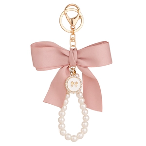 Pink ribbon bow keychain with pearl beads and gold buckle for bags and keys