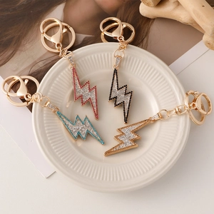Hip hop lightning bolt rhinestone keychains in four colors with gold lobster clasps