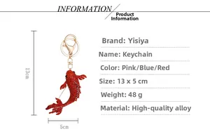 Détails du porte-clés carpe koi en strass avec dimensions 13x5cm en alliage doré