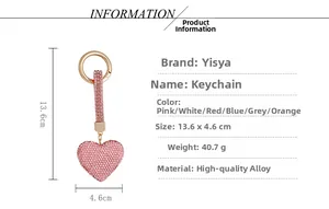 Detailed dimensions of pink rhinestone heart keychain with gold alloy ring and strap