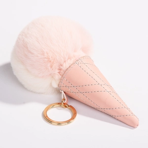 Cute Ice Cream Cone Keychain Faux Fur PU Leather Bag Pendant Ornament Sweet Decorative Accessory For Women Girls Gold Ring
