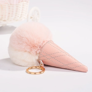 Pink and cream faux fur ice cream cone keychain with gold ring and quilted PU leather
