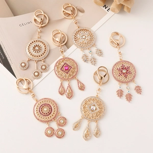 Dreamcatcher keychain set with gold alloy and colorful rhinestones for women handbags