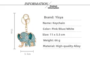 Detailed size specifications for blue crystal elephant keychain in gold alloy finish