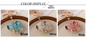 Detailed color display of rhinestone elephant keychains in blue, white, and pink