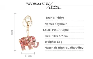 Pink rhinestone elephant keychain size chart showing dimensions and alloy material specs