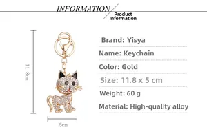 Detailed dimensions of the gold-tone crystal cat keychain with precise measurements