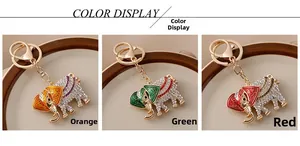 Three color variants of elephant keychains with rhinestones and colorful enamel details