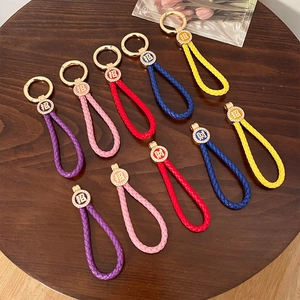 Handmade Braided PU Leather Keychain With Alloy Rhinestone Charm Chinese Style Lucky Car Keyring For Bag Pendant Women
