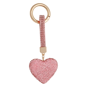 Charming pink rhinestone heart keychain with gold metal ring and crystal-studded strap
