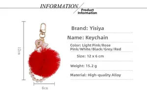 Détail du porte-clés pompon rouge avec ours coeur rose et chaîne de perles dimensions