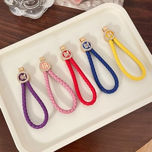 Handmade braided leather rope keychains in five colors with sparkling rhinestone accents