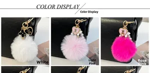 Détails des porte-clés ours à pompon avec perles en tons blanc, rose clair et vif