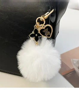Détail d'un pompon en fausse fourrure blanche et charme d'ours noir sur sac en cuir