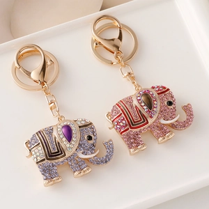 Colorful elephant keychain pendant with sparkling rhinestones and enamel on gold alloy