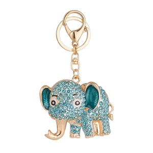Cartoon elephant keychain with light blue rhinestones and green enamel on gold plating