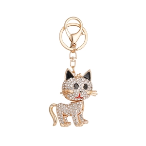 Sparkling cat keychain with white crystals and gold plating for women handbag accessory